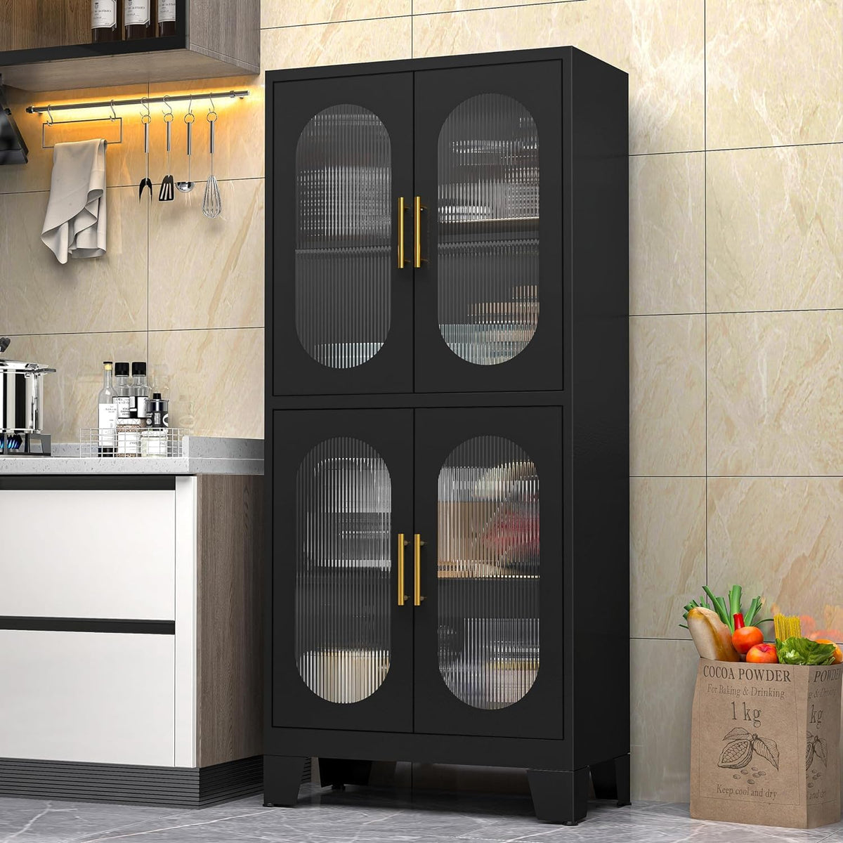 Erosoei Pantry Cabinet, 61" with Acrylic Glass Doors and Adjustable Shelves, Metal Kitchen Cabinet for Multiple Rooms