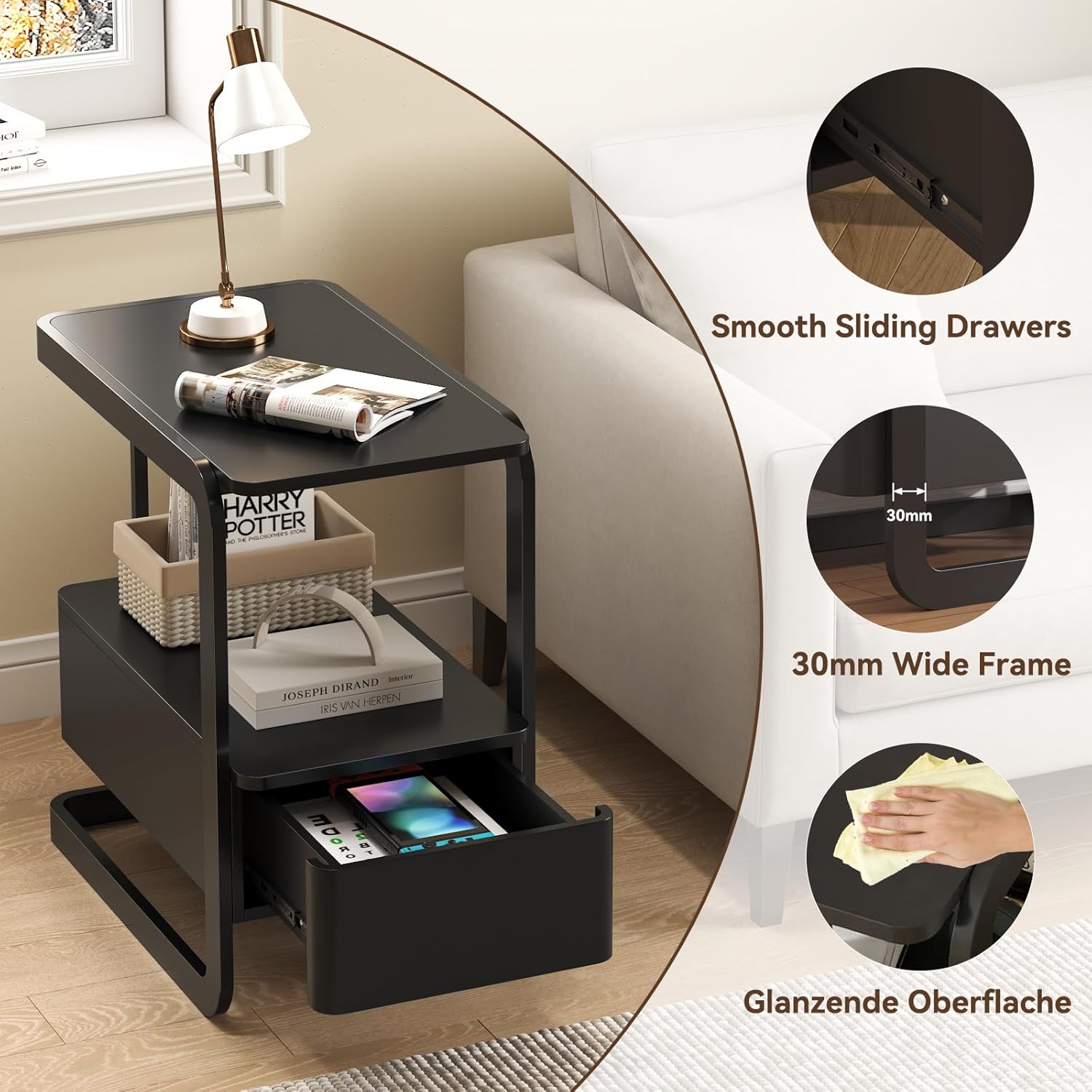 23.6" Tall Narrow Side Table with Drawer and Open Shelf – Modern End Table for Sofa, Couch & Small Spaces, Steel Frame, Lacquered Top, Nightstand for Bedroom, Living Room, Dorm, Black