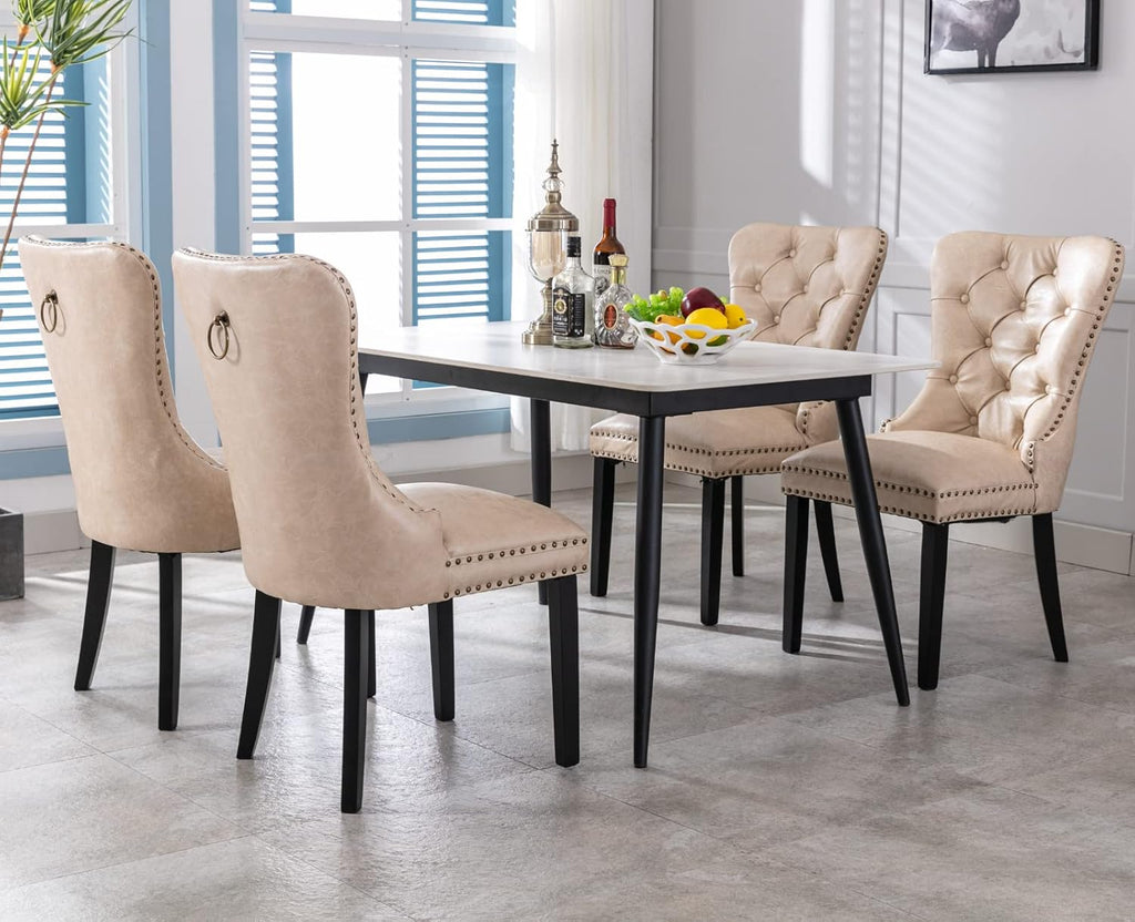 EALSON Modern Dining Chairs Set of 8 Mid Century Leather Dining Room Chairs with Wood Legs Tufted Upholstered Kitchen Side Chairs with Nail Head Trim for Dining Room/Living Room, Beige with Ring