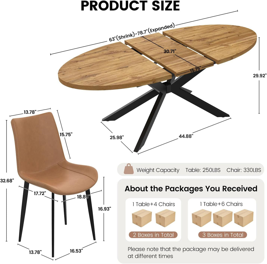 63"-78.7" Extendable Oval Dining Table Set for 4 | 5 Piece Large Round Walnut Table Set, 4 Brown PU Dining Chairs, Living Room, Kitchen, Space Saving, Mid Century Modern