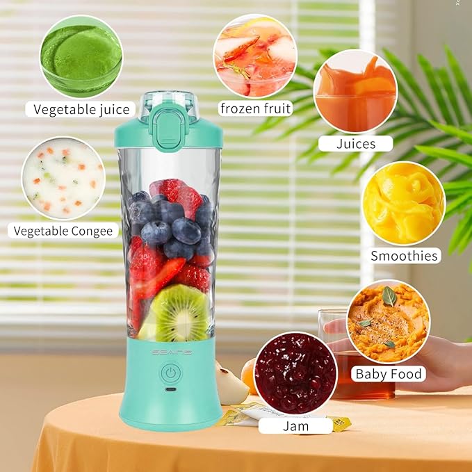 Mint Blue Personal Blender with 6 Blades, 20 Oz Travel Cup and Lid, USB Rechargeable for Shakes, Smoothies, Gym and Kitchen