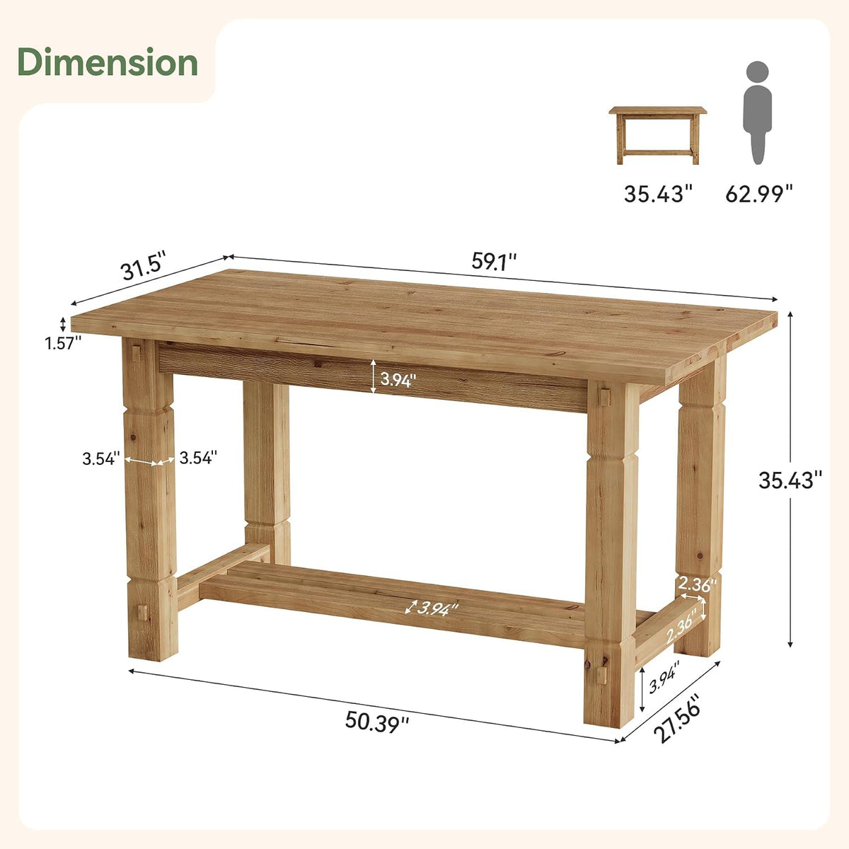 59.05" Solid Wood Home Kitchen Island with Spacious Tabletop | Counter Height Table, Sturdy Frame, Easy to Assemble, Farmhouse Style, Stationary Island for Home, Dining Room, Rustic Brown