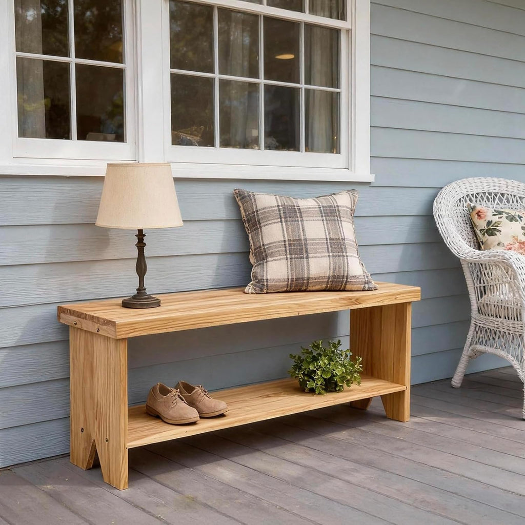 43" Solid Wood Farmhouse Bench, Entryway Bench with Storage Shelf, Narrow Rustic Indoor Bench for Bedroom, Entryway, Hallway, Dining