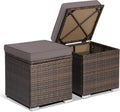 HAPPYGRILL 2PCS Patio Ottoman Set Outdoor Wicker Stool with Storage, Rattan Footrest Ottoman with Solid Metal Frame and Cushion for Backyard Poolside Garden Porch Balcony