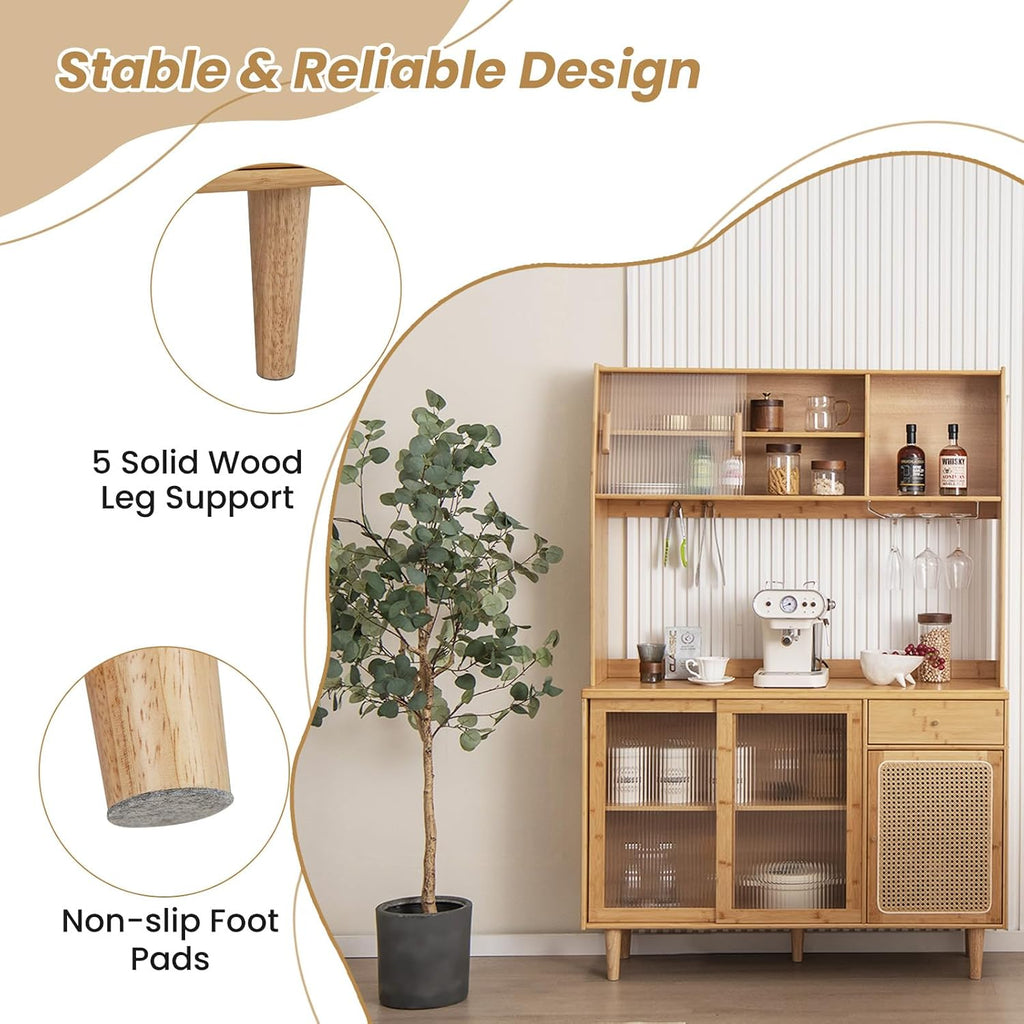 67" Tall Kitchen Pantry Storage Cabinet, Bamboo Hutch Cabinet with Microwave Shelf, Drawer, Tempered Glass/Rattan Doors, Wine Glass Holder, Freestanding Buffet Cupboard for Dining Room