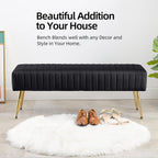 Furniliving 44 Inch Bedroom Bench, Upholstered Tufted Striped Fabric Ottoman Benches with X-Shaped Metal Legs for Living Room, Entryway Solid Wood Indoor Bench for Foyer (Black)