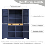 71.3" Freestanding Kitchen Pantry Cabinet with 2 Drawers, 8 Door Shelves & Adjustable Shelves, Large Farmhouse Storage for Kitchen Dining Room, Blue