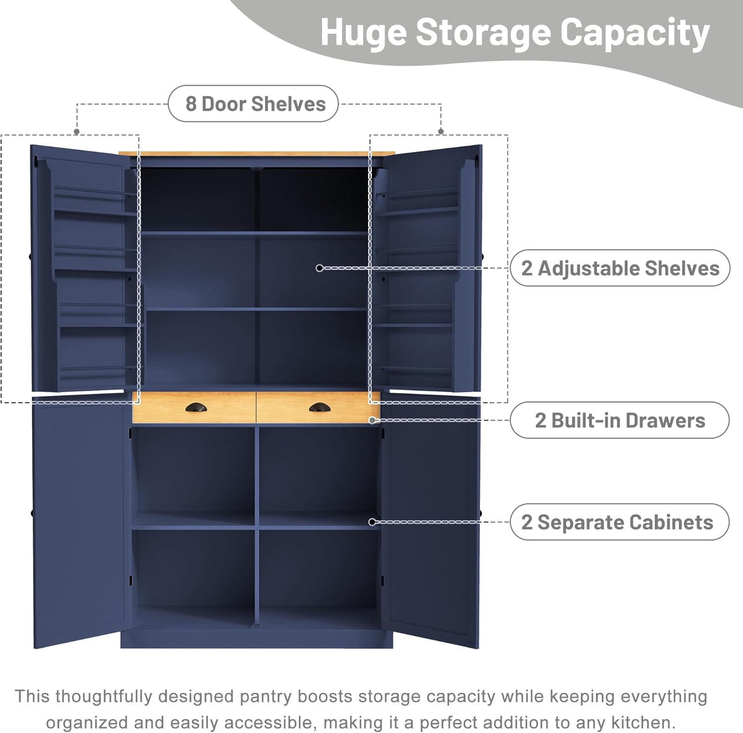 71.3" Freestanding Kitchen Pantry Cabinet with 2 Drawers, 8 Door Shelves & Adjustable Shelves, Large Farmhouse Storage for Kitchen Dining Room, Blue