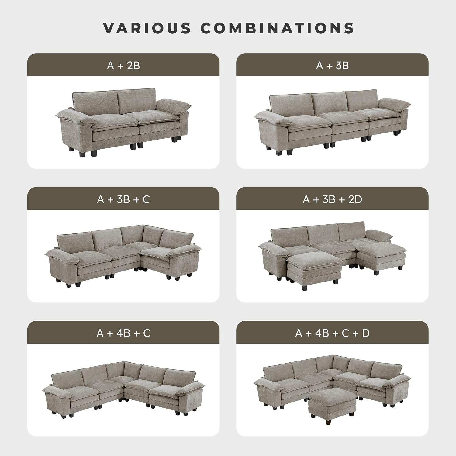 Lexicon Chenille Upholstered Rectangle Ottoman, Foot Stool, Black Faux Wood Feet, Durable Frame, Large Padded, Modular Sectional Couch Add Ons for Living Room, Bedroom, Assembly Required, Dark Pewter