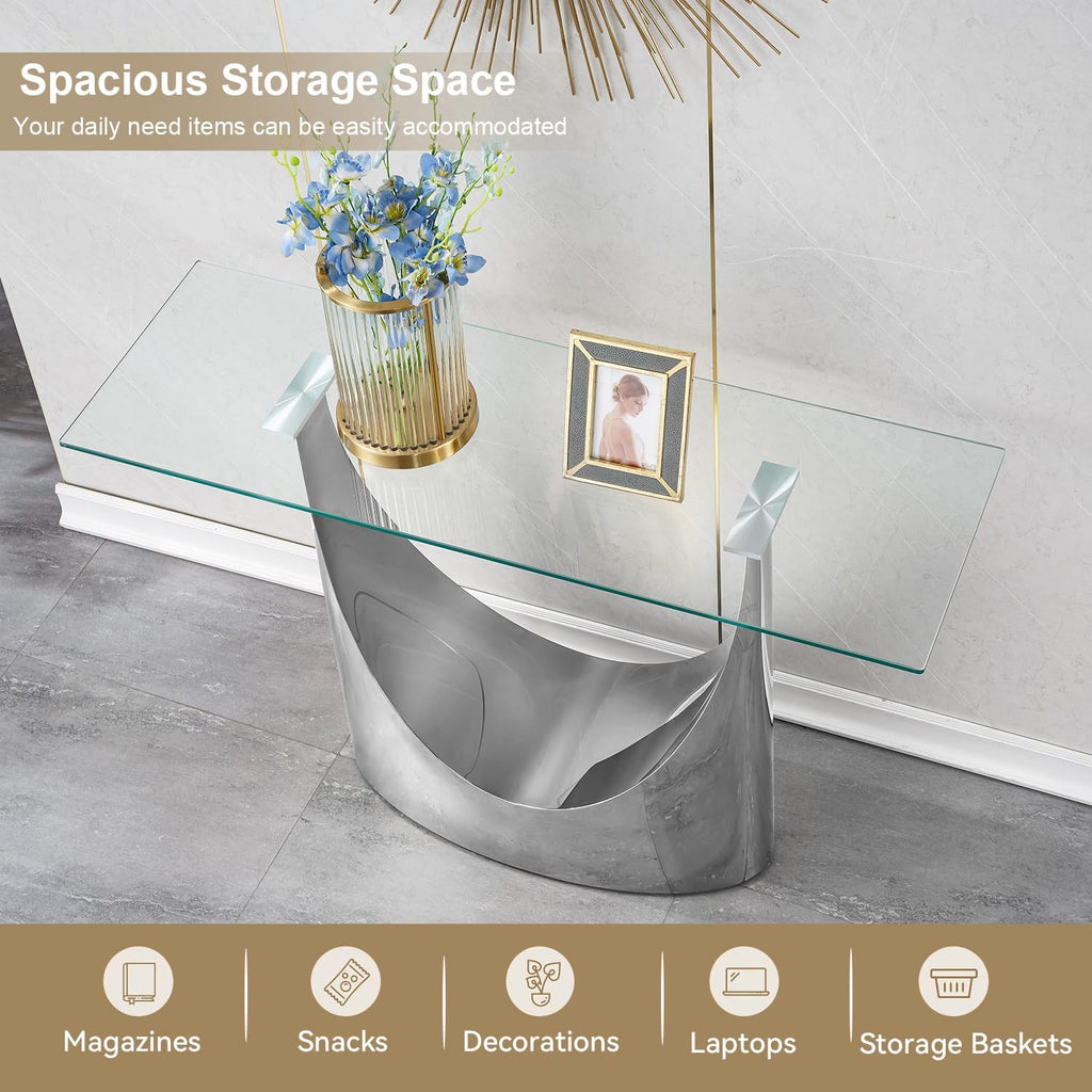 Luxury Silver Glass Console Table, Modern 47" Rectangle Entryway Table with Mirrored U-Shape Stainless Steel Base, Clear Glass Sofa Tables Behind The Couch Hallway Tables for Living Room