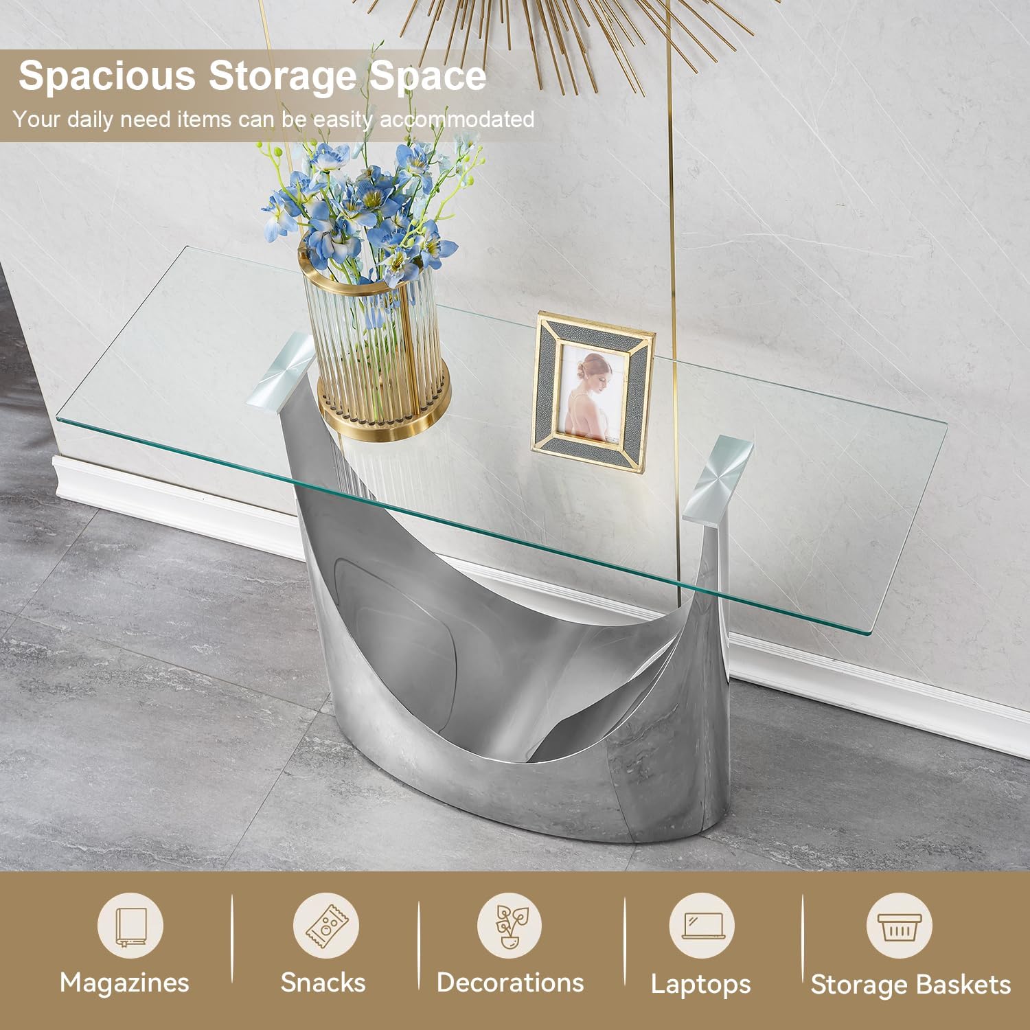 Luxury Silver Glass Console Table, Modern 47" Rectangle Entryway Table with Mirrored U-Shape Stainless Steel Base, Clear Glass Sofa Tables Behind The Couch Hallway Tables for Living Room