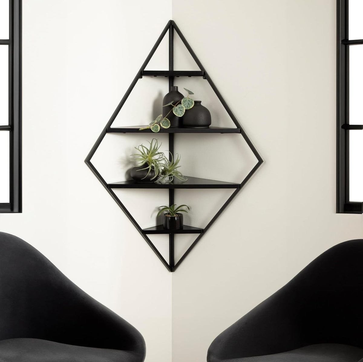 Kate and Laurel Melora Modern Glam Corner Shelf; 24 x 17 x 38; Black; Contemporary Floating Corner Shelving with Four Shelves for Living Room Decor and Storage