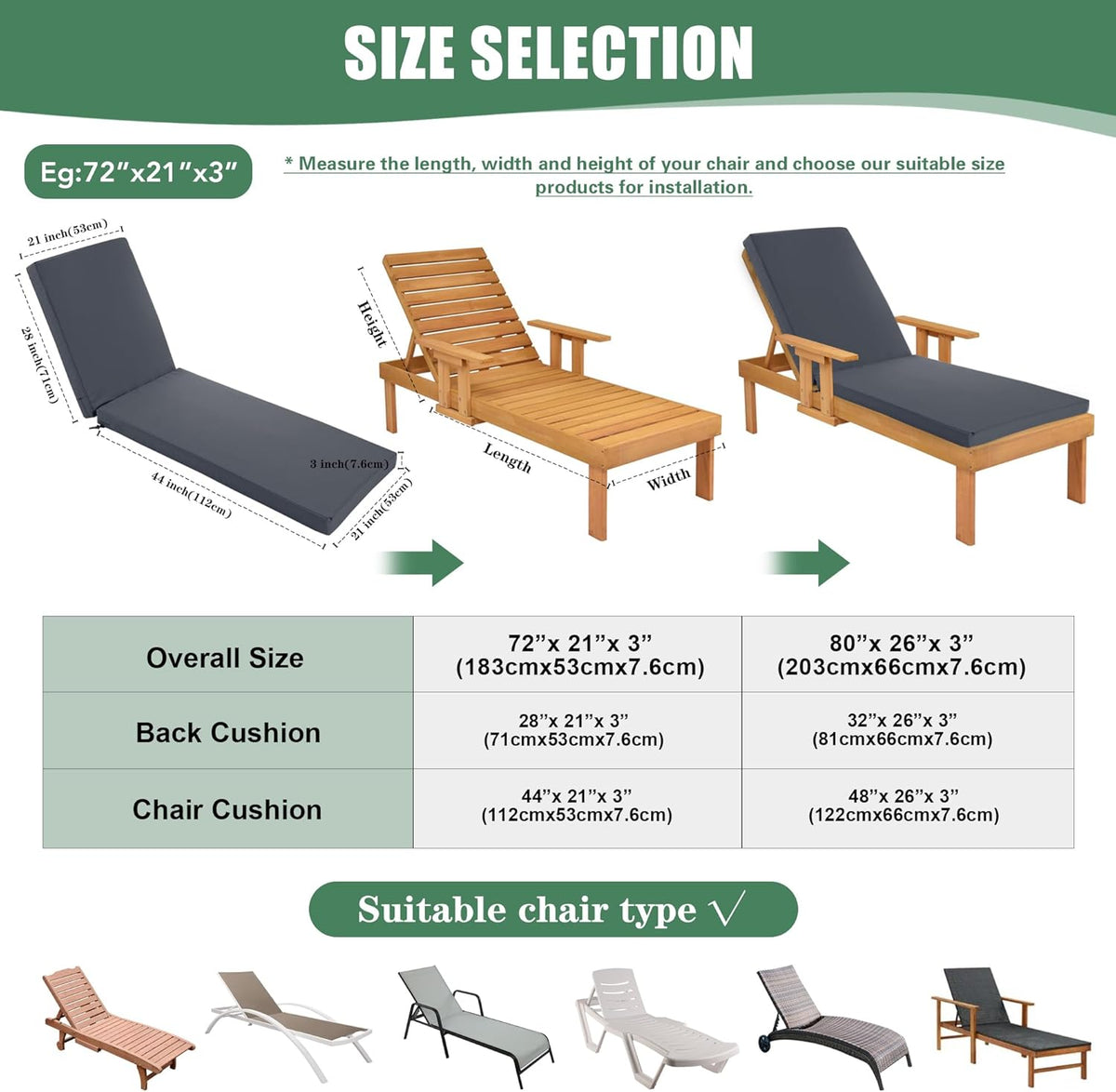 Chaise Lounge Cushions Outdoor Set of 2 - Waterproof and Fade Resistant Sun Lounger Replacement Cushions - Patio Lounger Pads with Removable Cover for Pool, Deck, 72 x 21 x 3 Inch, Dark Grey