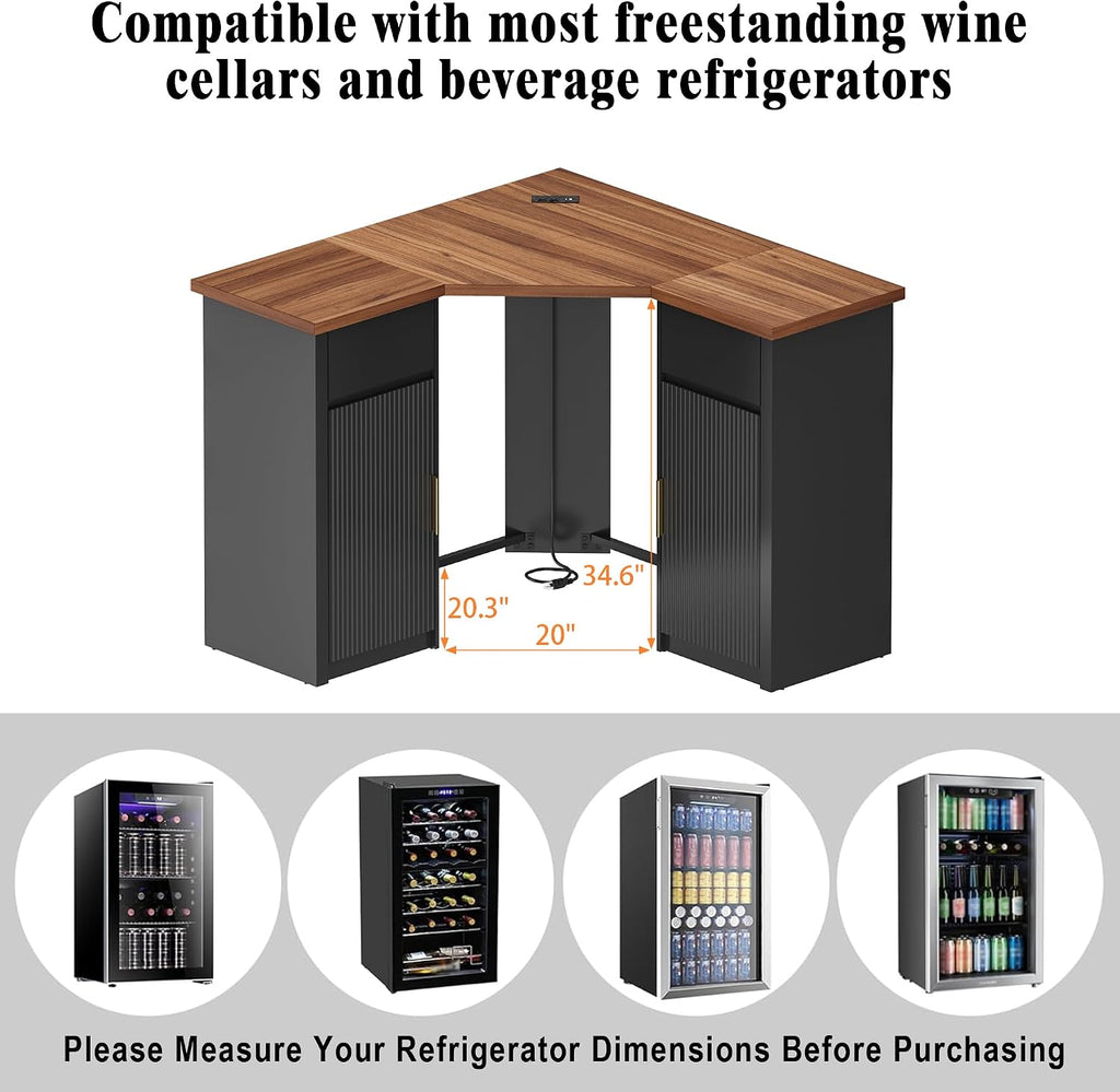 GDLF Corner Coffee Bar with Fridge Space, L Shaped Liquor Cabinet,Black | L-Shaped Countertop, Wine Glass Rack, Adjustable Shelves, Drawer Storage, Power Outlet, Coffee Station for Home & Kitchen