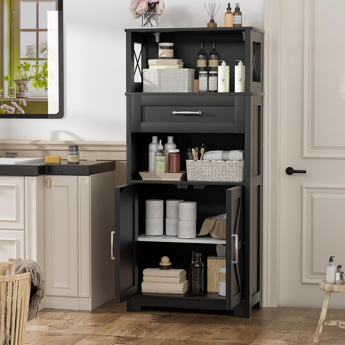 kepptory 55" Tall Farmhouse Kitchen Pantry Cabinet, Rustic Wood Storage Cupboard with Doors, Shelves & Drawer, Ash Grey for Kitchen & Dining Room