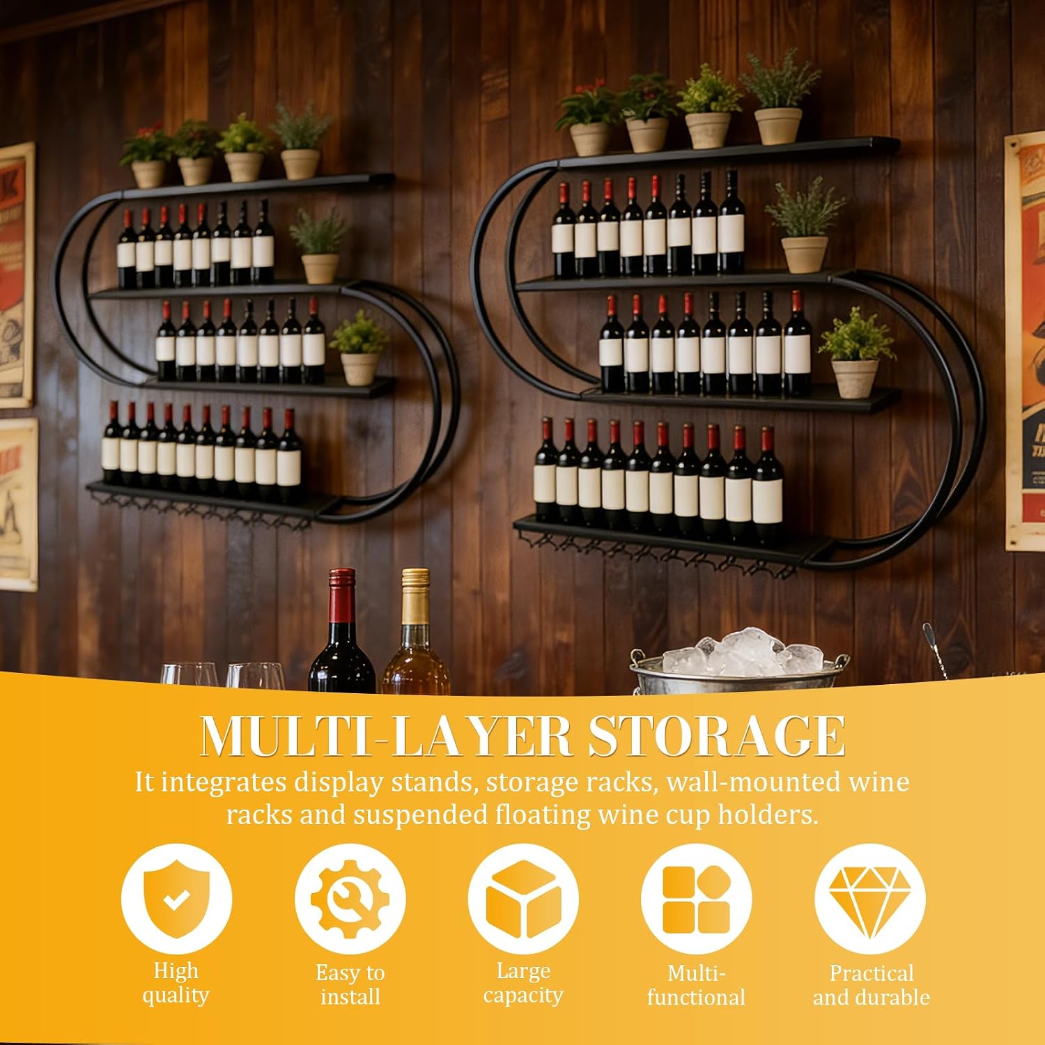 71" Modern Wall Mounted Wine Rack with LED Lights, 4-Tiers Wine Rack with Wine Glass Holder, Liquor Bottle Display Shelf for Home Bar Dining Room Kitchen Living Room-Black 70.87“