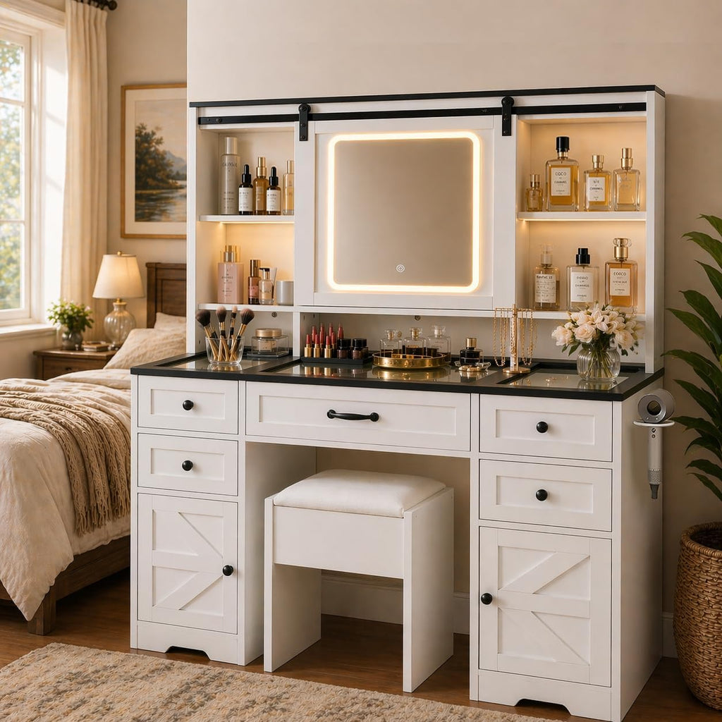 Vanity with Sliding Barn Mirror, Glass Top Makeup Desk with Outlet & Charging Station, 3-Color Lights, 7 Drawers & Shelves for Bedroom, Modern Adjustable Storage Dresser Table