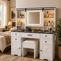 Vanity with Sliding Barn Mirror, Glass Top Makeup Desk with Outlet & Charging Station, 3-Color Lights, 7 Drawers & Shelves for Bedroom, Modern Adjustable Storage Dresser Table