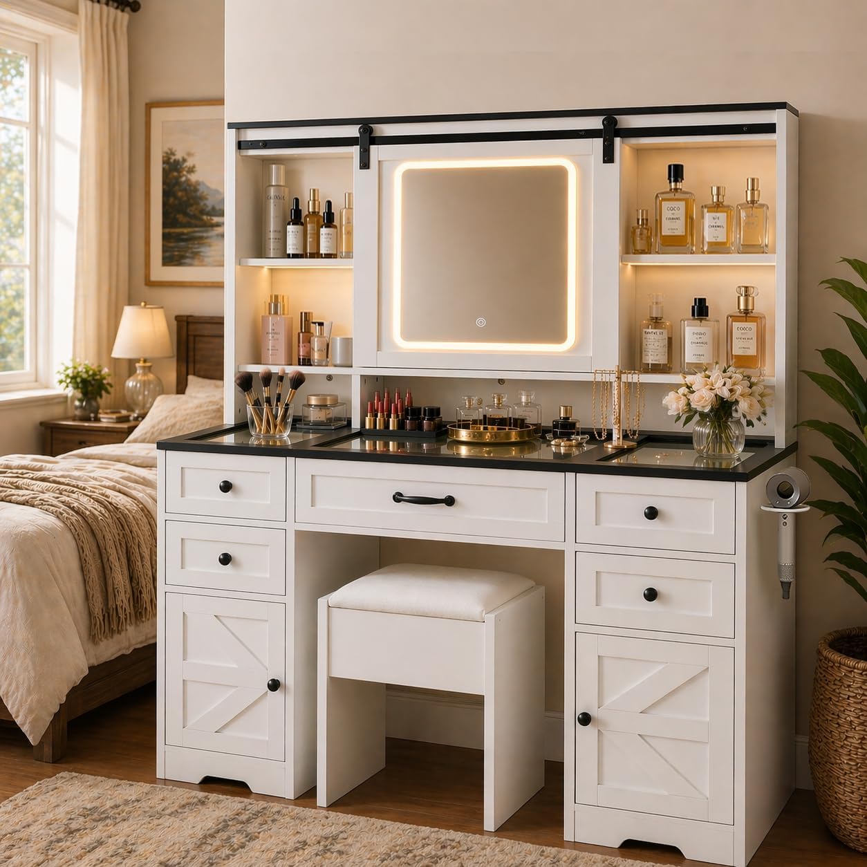 Vanity with Sliding Barn Mirror, Glass Top Makeup Desk with Outlet & Charging Station, 3-Color Lights, 7 Drawers & Shelves for Bedroom, Modern Adjustable Storage Dresser Table