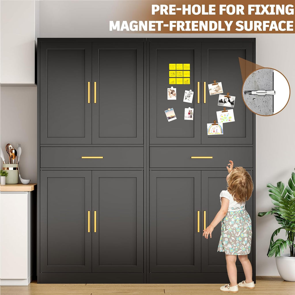 Metal Cabinet, 71” Garage Storage Cabinet with Doors and Adjustable Shelves (Black, 1 Drawer)
