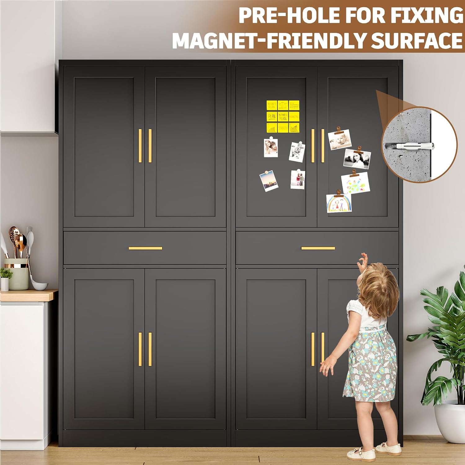 Metal Cabinet, 71” Garage Storage Cabinet with Doors and Adjustable Shelves (Black, 1 Drawer)