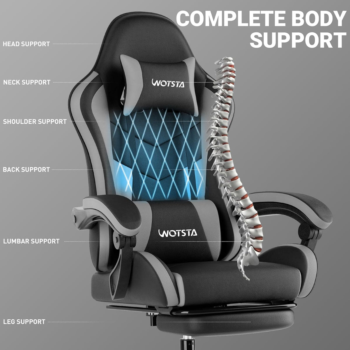 Ergonomic Gaming & Office Chair, Footrest, Racing Design Black/Grey | PVC with headrest,lumbar, Adjustable Height recliner for adults 2D-Linkage Armrests for 300LBS