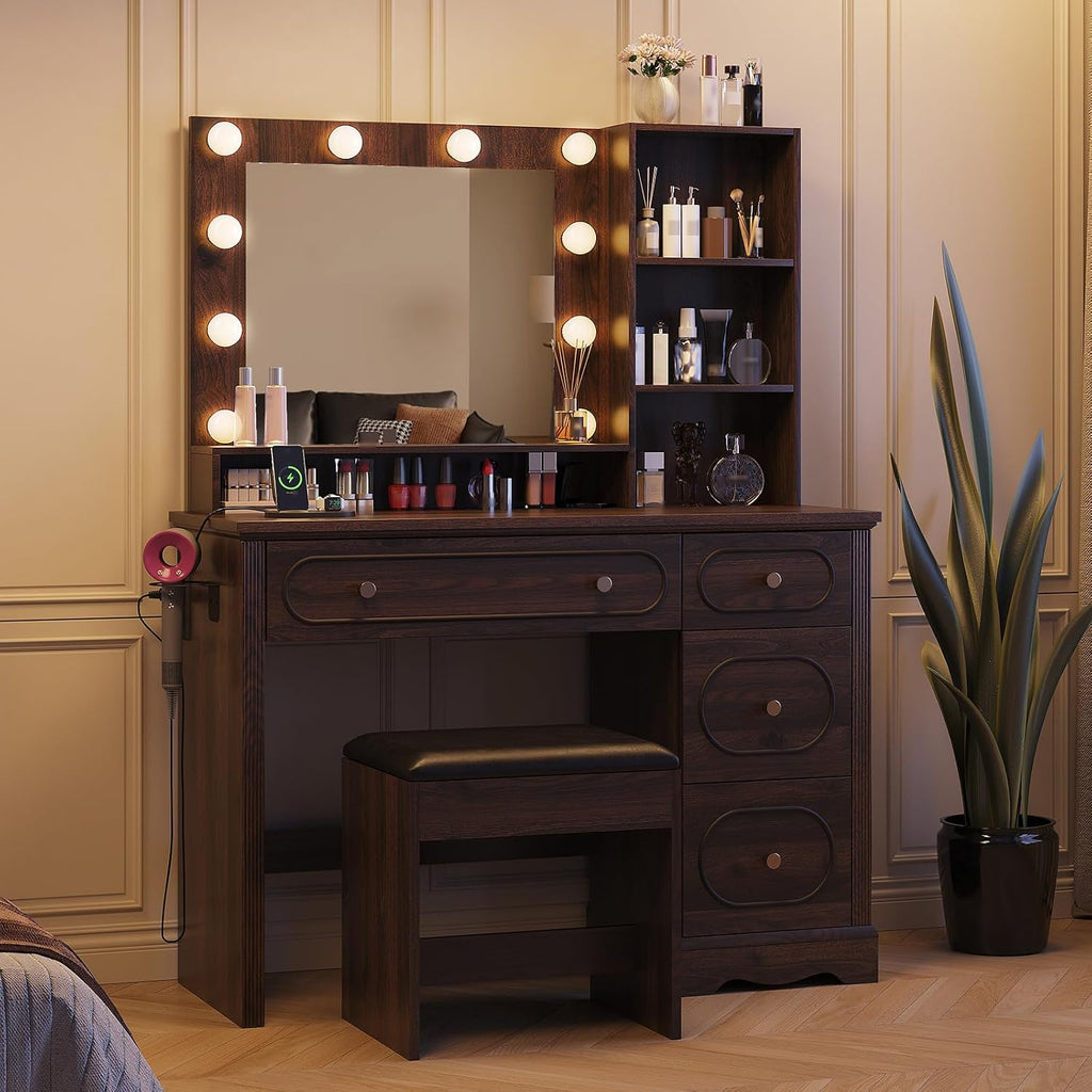 42" Walnut Brown Makeup Vanity Desk with Mirror & Lights & Charging Station | Dark Wood Dressing Table Make Up Desk, Power Outlets & USB Ports, Open Storage, 4 Drawers, Blow Dryer Holder, Vanity Bench
