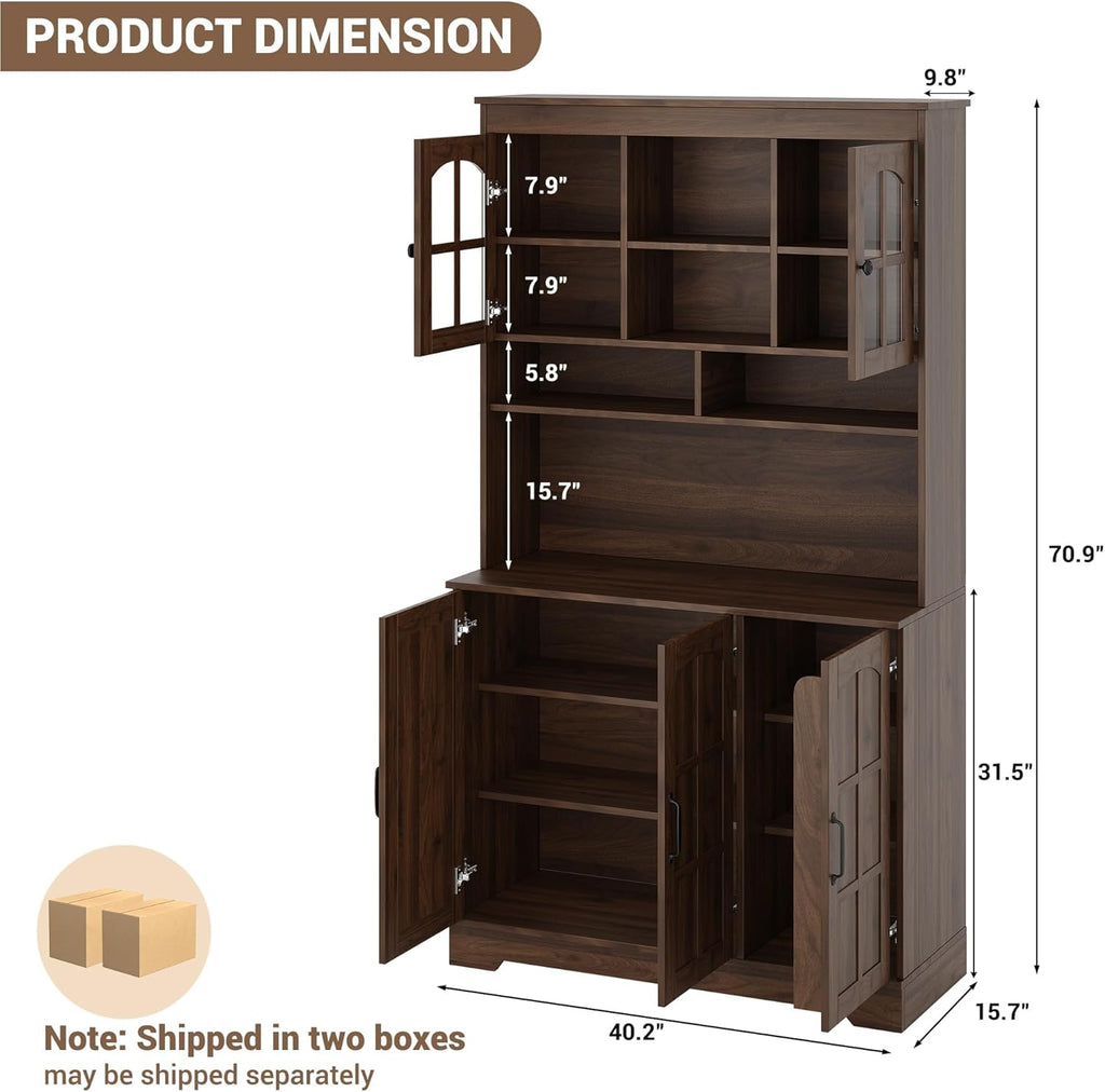 70.9" Tall Kitchen Pantry Cabinet with Glass Doors and Hutch, Freestanding Storage Cupboard with 5 Cabinets, Open Shelves & Inner Door Spice Racks, Multi-Purpose Organizer for Dining Room, Kitchen