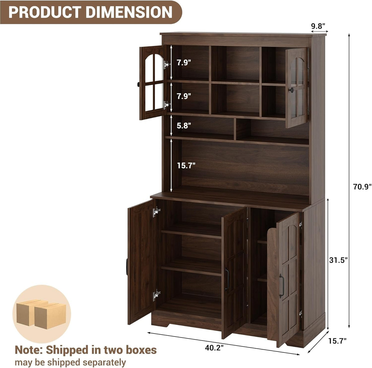 70.9" Tall Kitchen Pantry Cabinet with Glass Doors and Hutch, Freestanding Storage Cupboard with 5 Cabinets, Open Shelves & Inner Door Spice Racks, Multi-Purpose Organizer for Dining Room, Kitchen