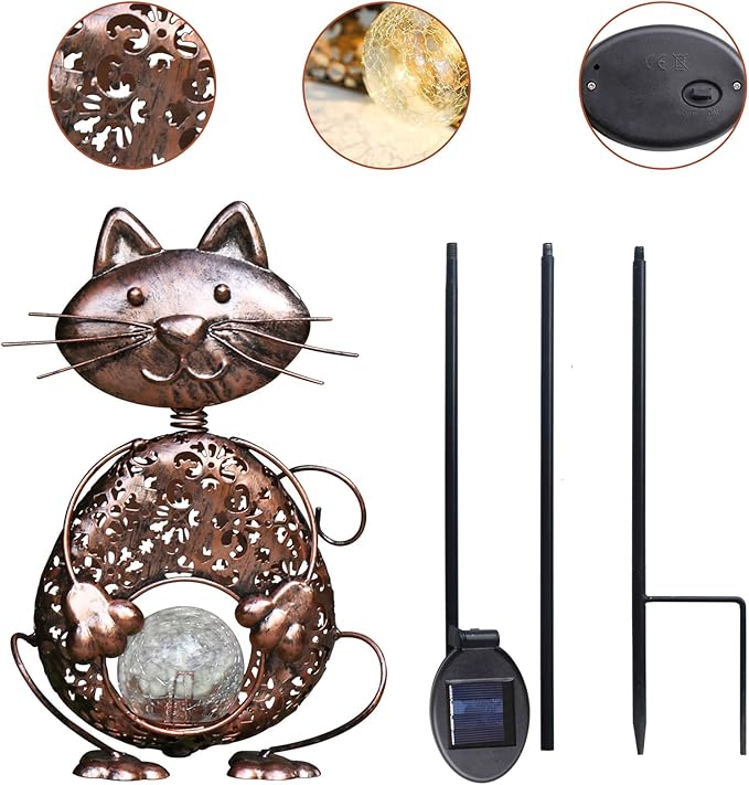 KAIXOXIN Garden Solar Lights Metal Cat Crackle Glass Globe Stake Light Waterproof Warm White LED Solar Path Lights (Cat-Bronze)