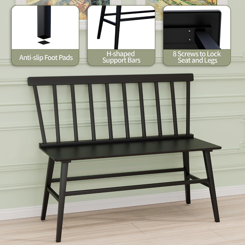 APRTAT Bamboo Entryway Bench, Dining Bench with Spindle Back (Black) | Natural Bamboo & H-Shaped Support, Spindle Back, Ideal for entryways, bedrooms, outdoor settings, Easy Assembly & Clean