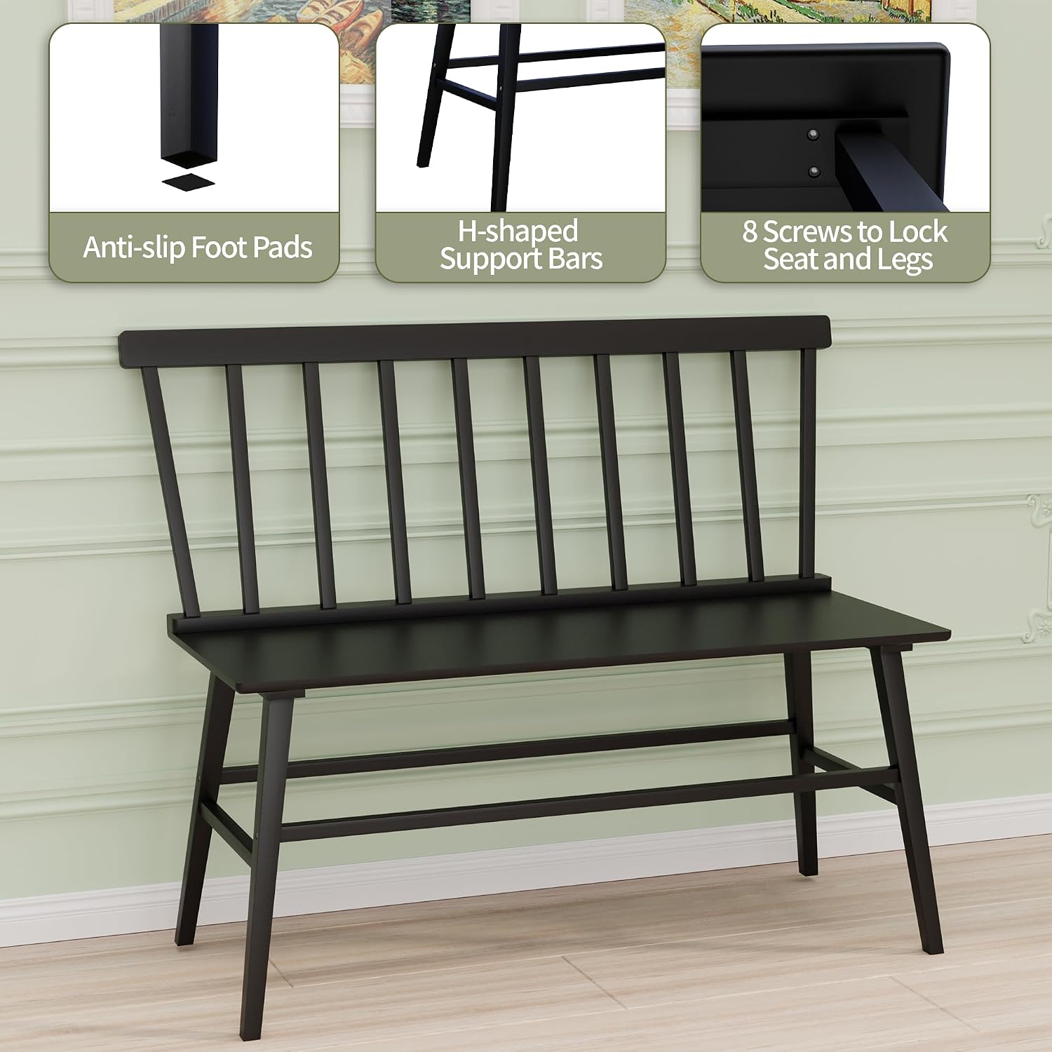 APRTAT Bamboo Entryway Bench, Dining Bench with Spindle Back (Black) | Natural Bamboo & H-Shaped Support, Spindle Back, Ideal for entryways, bedrooms, outdoor settings, Easy Assembly & Clean