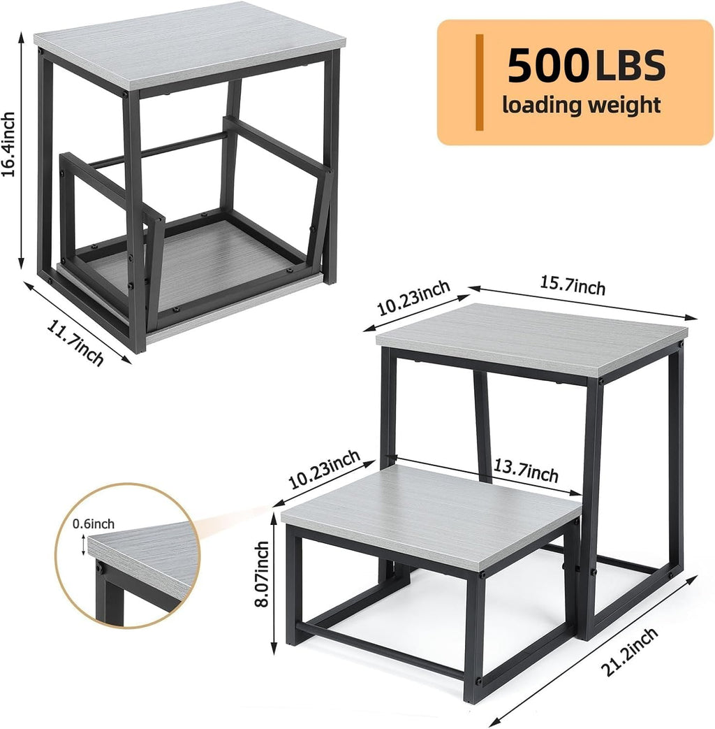 LIANTRAL 2 Step Stool for Adults, 2 in1 Foot Stool for High Bed, Kitchen,RV | Heavy Duty, Non-Slip, Steel Frame & Wooden Steps, 500lbs Load Capacity, Gray