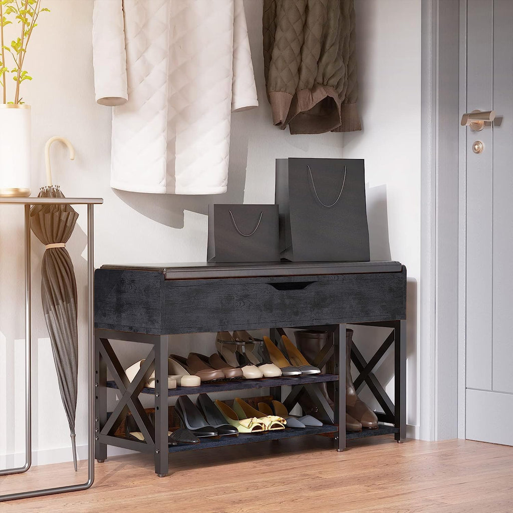 Shoe Bench, Lift Top Shoe Storage Bench, Adjustable Shelf Entryway Bench with Padded Cushion for Entry, Closet, Living Room, Hallway, 2-Tier Shoe Rack Organizer(Black, 35.5“W)
