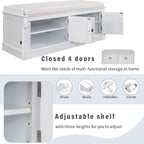 SOFTSEA 42.7" Shoe Bench with Padded Seat Cushion, 2-Tier Entryway Bench with 4 White Doors and Adjustable Shelves, Shoe Cabinet for Entryway, Bedroom, Living Room, White