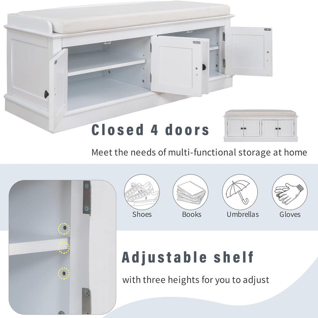 GDFStudio Jasd Storage Bench with 4 Doors and Adjustable Shelves, Removable Cushion Bench Ottoman, Solid Wood Frame Storage Ottoman, Rectangular Cabinet with Seating for Living Room Entryway, White