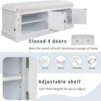 GDFStudio Jasd Storage Bench with 4 Doors and Adjustable Shelves, Removable Cushion Bench Ottoman, Solid Wood Frame Storage Ottoman, Rectangular Cabinet with Seating for Living Room Entryway, White