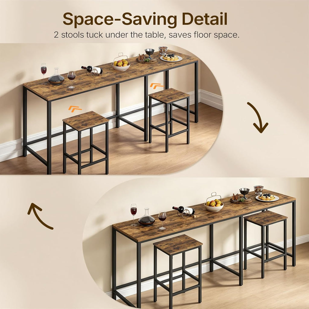 YATINEY L-Shaped Bar Table Chairs Set, 78.7" Bar Height Table and 2 Chairs, Convertible Bar Table with Stools for Kitchen, Corner, Apartment, Easy to Assemble, Rustic Brown and Black BT14BR