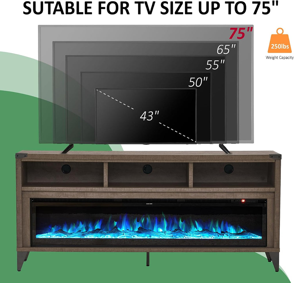 AMERLIFE 65" Fireplace TV Stand with 60" Glass Electric Fireplace, Industrial & Farmhouse Media Entertainment Center with Open Shelve Storage for TVs Up to 75", TV Console for Living Room, Light Gray