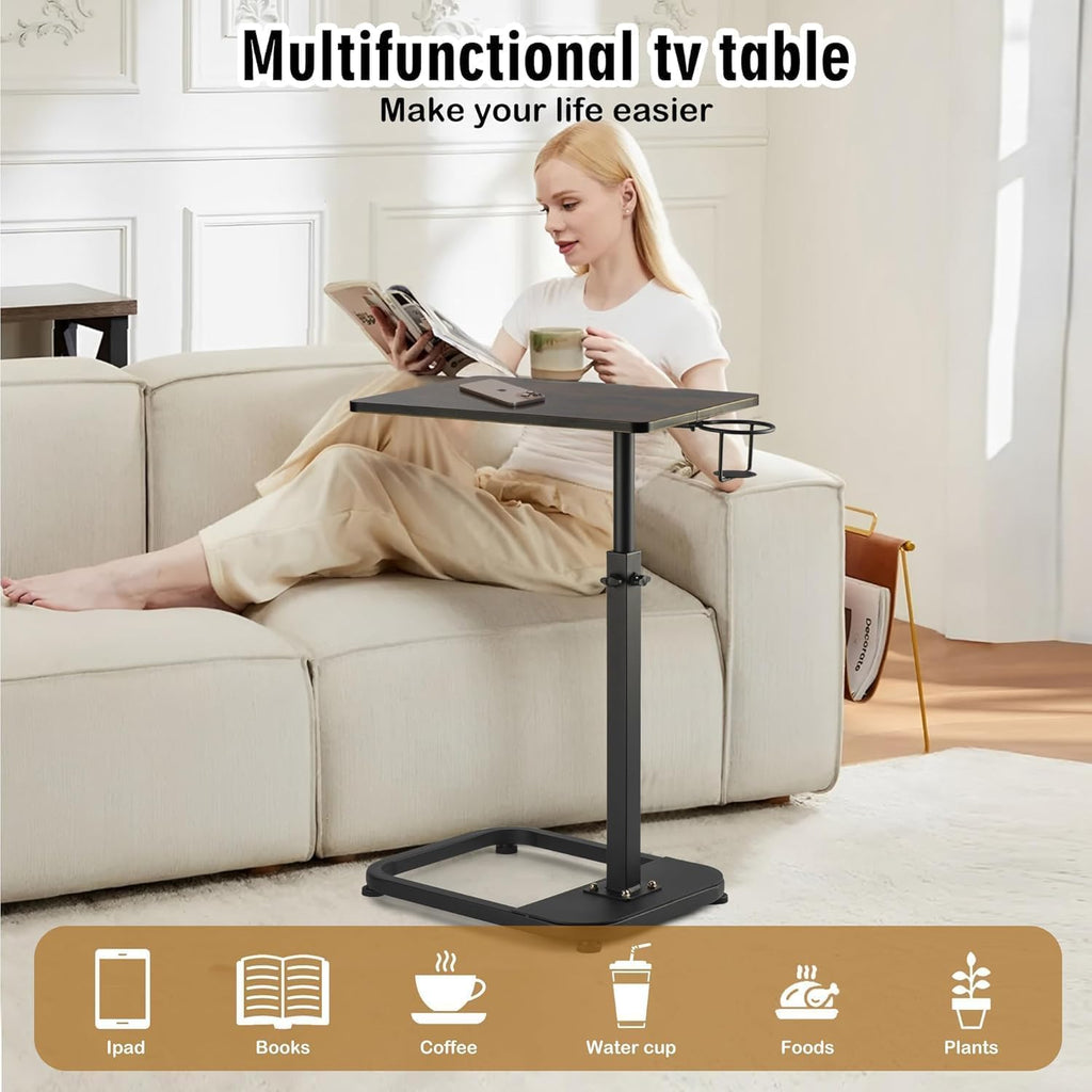 facka Adjustable C-Shaped TV Tray Table 18-32 Inch Height Couch Table | 15.8 x 11.8 Top, Metal Frame Side Table for Sofa, C Table, TV Dinner Tray Table, Laptop Snack Table for Small Spaces Brown