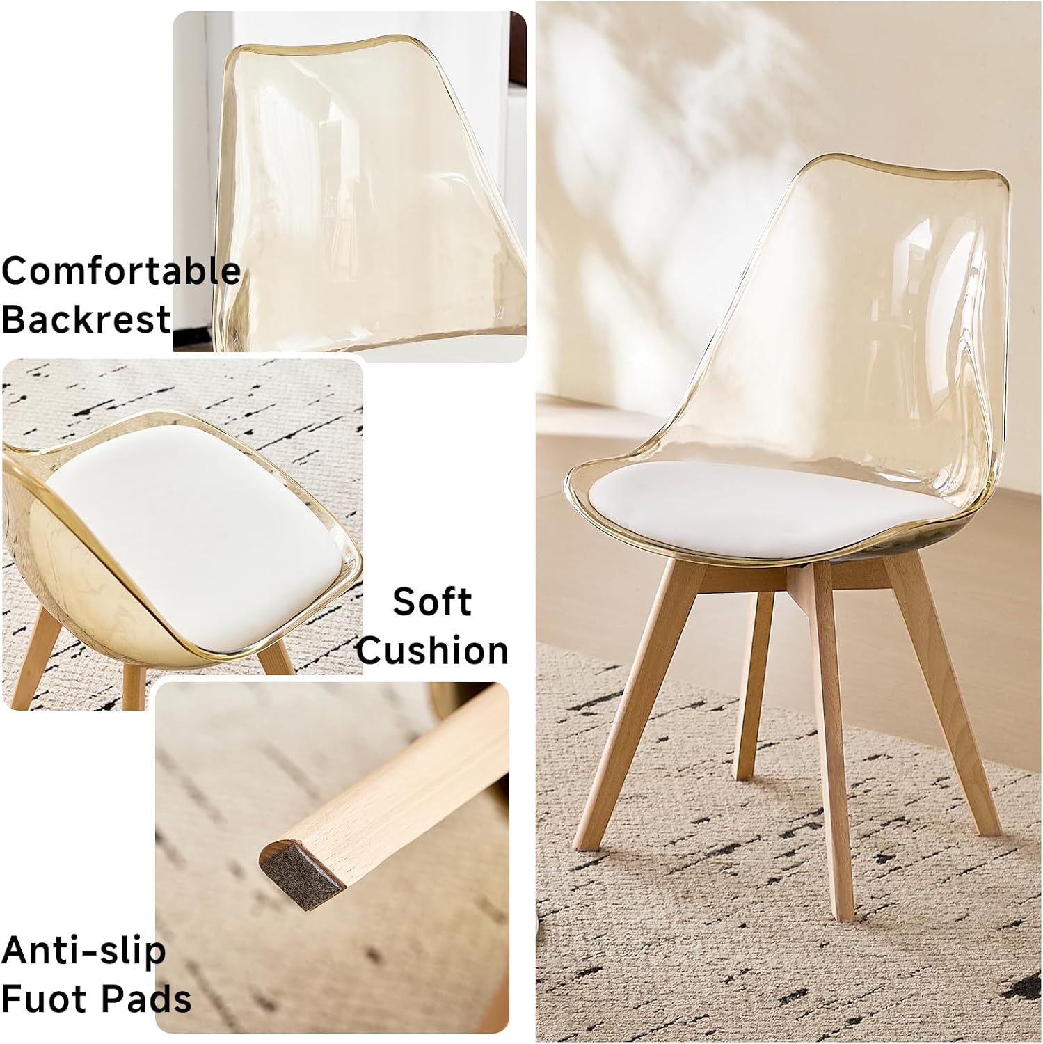 Dining Chairs Set of 4, Acrylic Mid Century Chairs, Light Brown | Clear Acrylic Backrest With Soft Padded Seat, Sturdy Wooden Legs. Ideal For Kitchen And Living Room