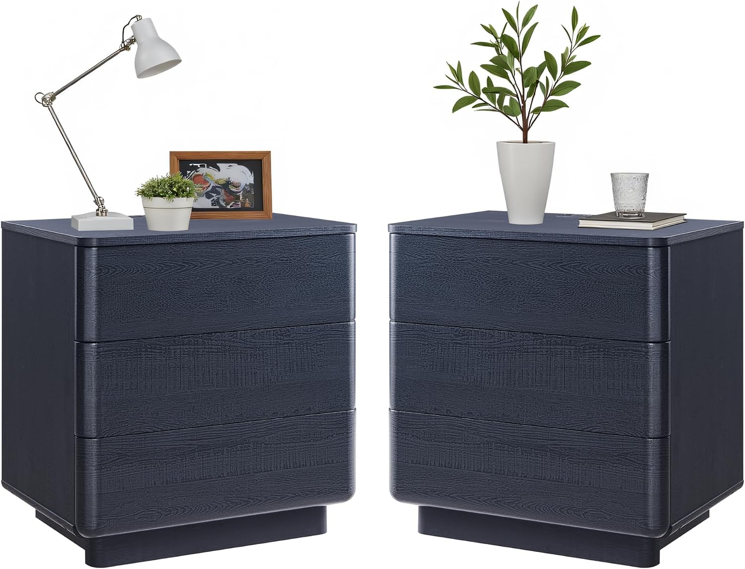JXQTLINGMU 22" Modern Nightstands Set of 2 with Charging Station, Large Push-to-Open End Table, Wood Bedside Table, Curved Profile, Handleless 3 Drawer Night Stand for Bedroom, Living Room, Black