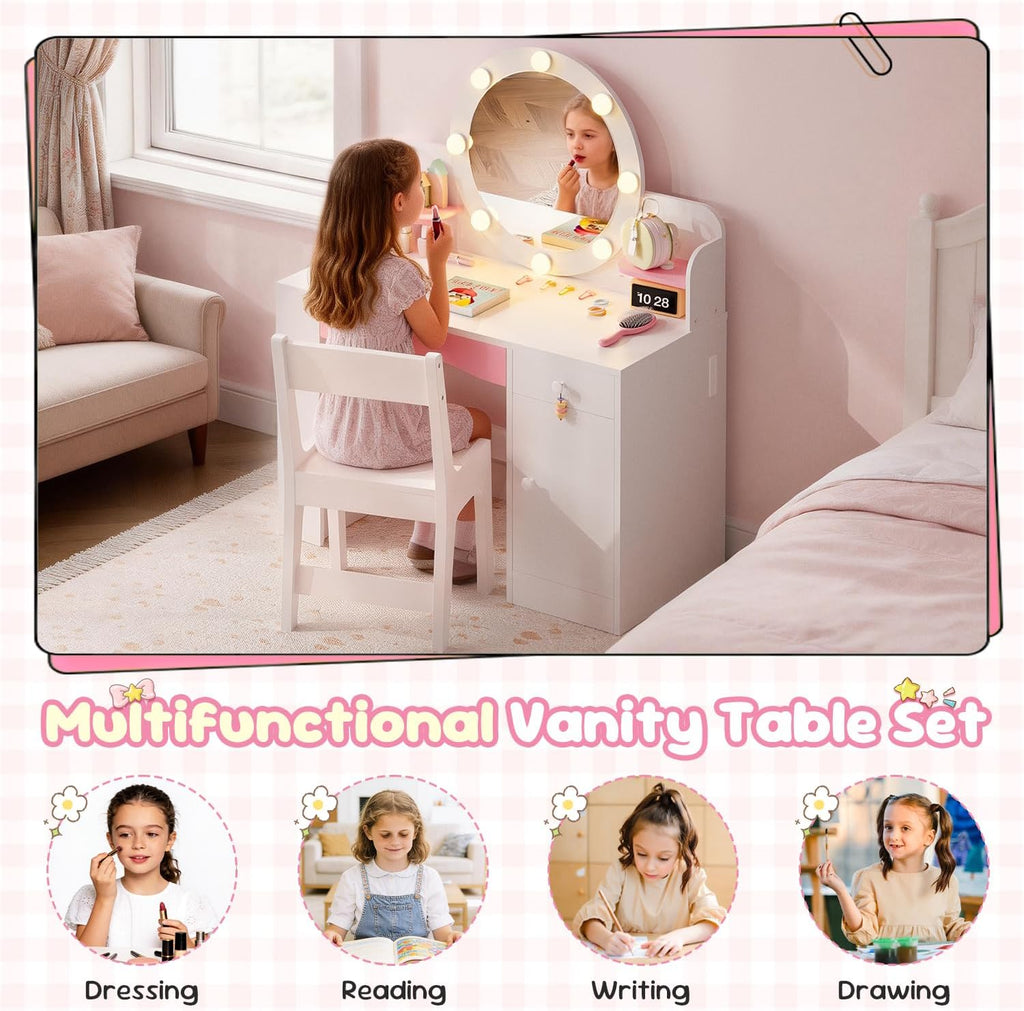 Teckid Kids Vanity Table and Chair Set with Lighted Mirror Storage Drawers Shelves for Little Girls | Open Bookshelf, Shelves, Drawers and Storage Cabinet