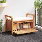Outdoor Storage Bench with Cushion, Solid Acacia Wood Garden Seating for Patio, Porch, Deck, Cream White, 49.6 Inch Length
