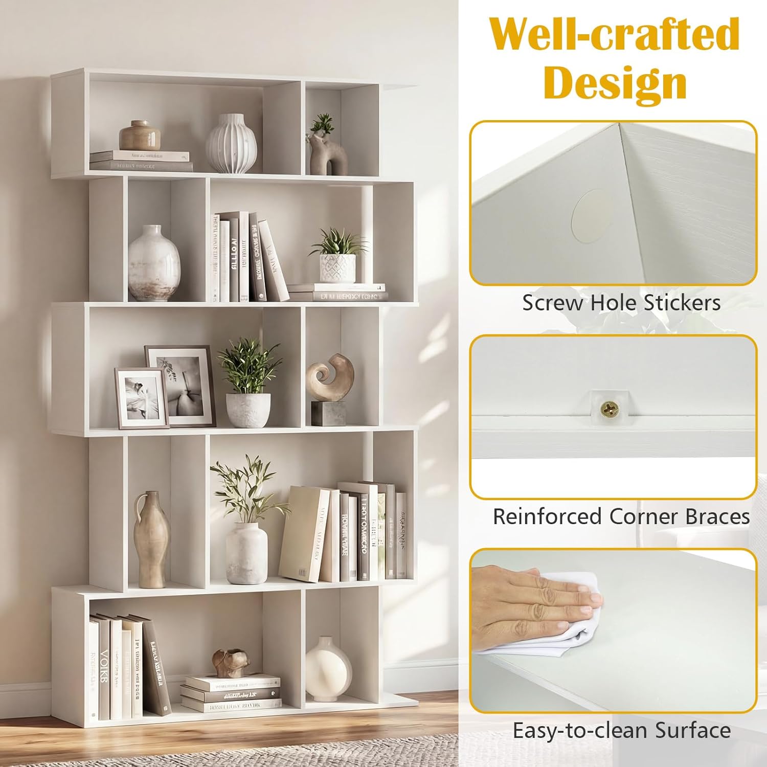 5-Tier Geometric Bookshelf w/Anti-tip Kit & 5 Closed-Back Cubbies