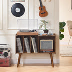 Lerliuo Record Player Stand with 4 Cabinet Holds Up to 220 Albums,Brown | Large Turntable Stand with Wood Legs, Mid-Century Record Player Table,Vinyl Holder Storage for Bedroom Living Room