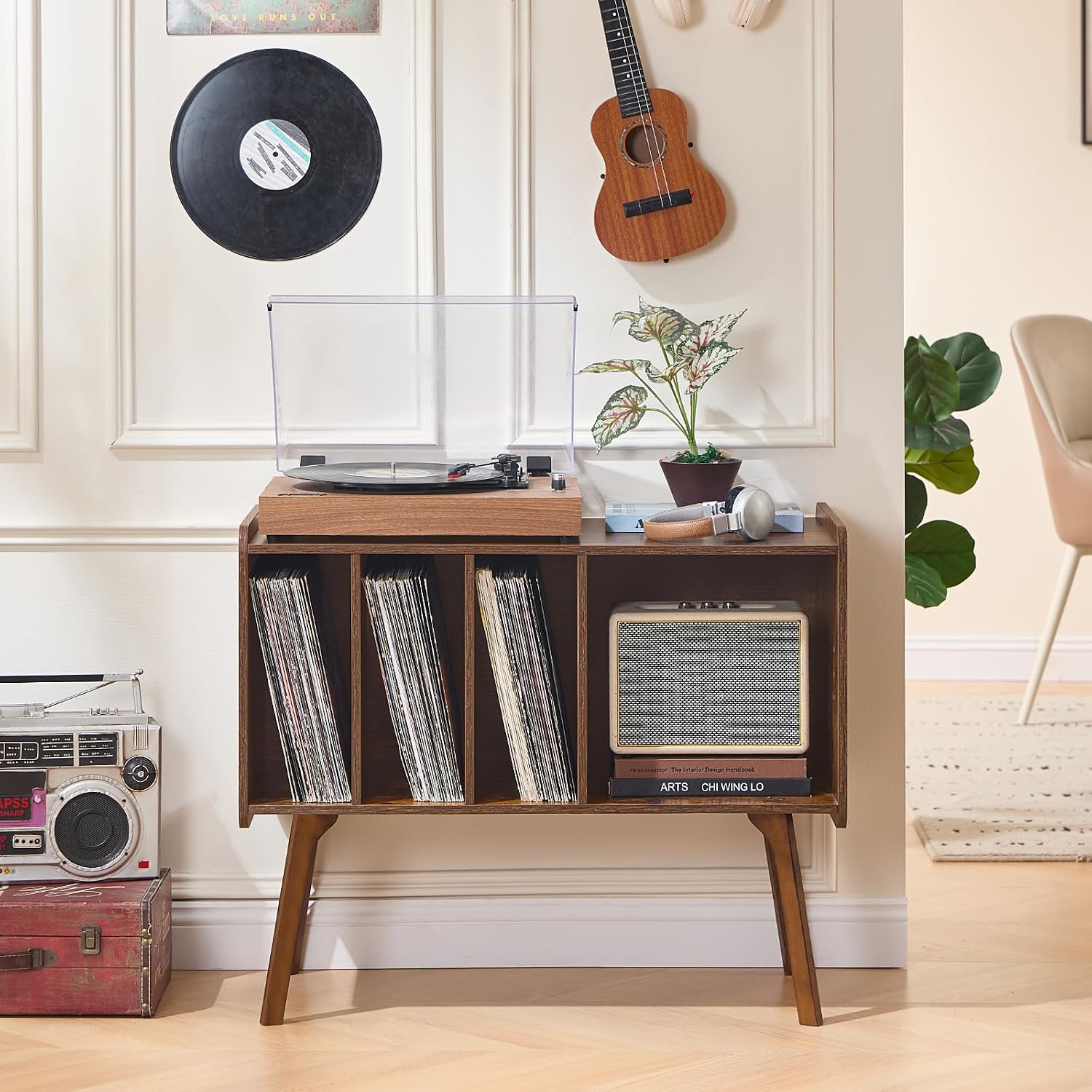 Lerliuo Record Player Stand with 4 Cabinet Holds Up to 220 Albums,Brown | Large Turntable Stand with Wood Legs, Mid-Century Record Player Table,Vinyl Holder Storage for Bedroom Living Room