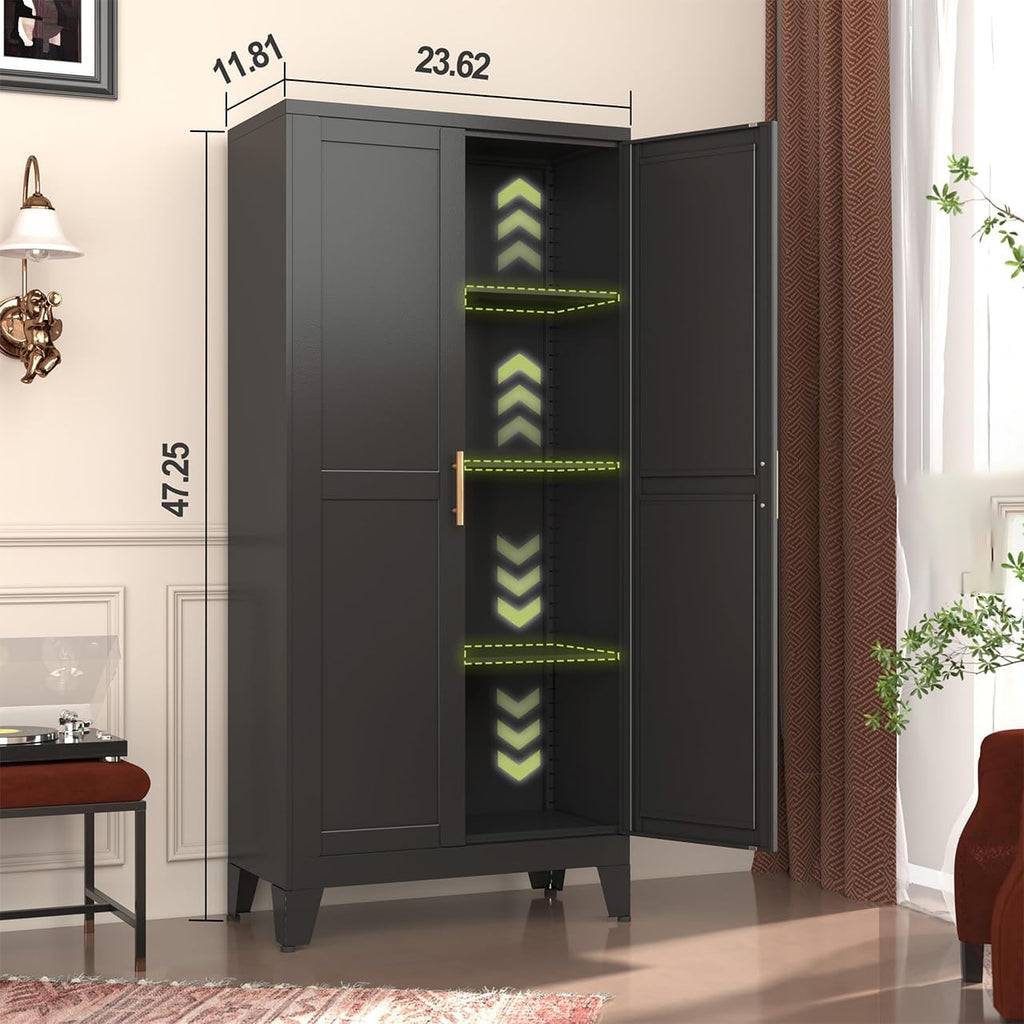 GAIOUS Metal Storage Cabinet, Black Pantry Storage Cabinets with 2 Door | and 3 Adjustable Shelves, Kitchen Food Storage Cabinet, Metal Utility Cabinet for Kitchen Laundry Room, Cupboard