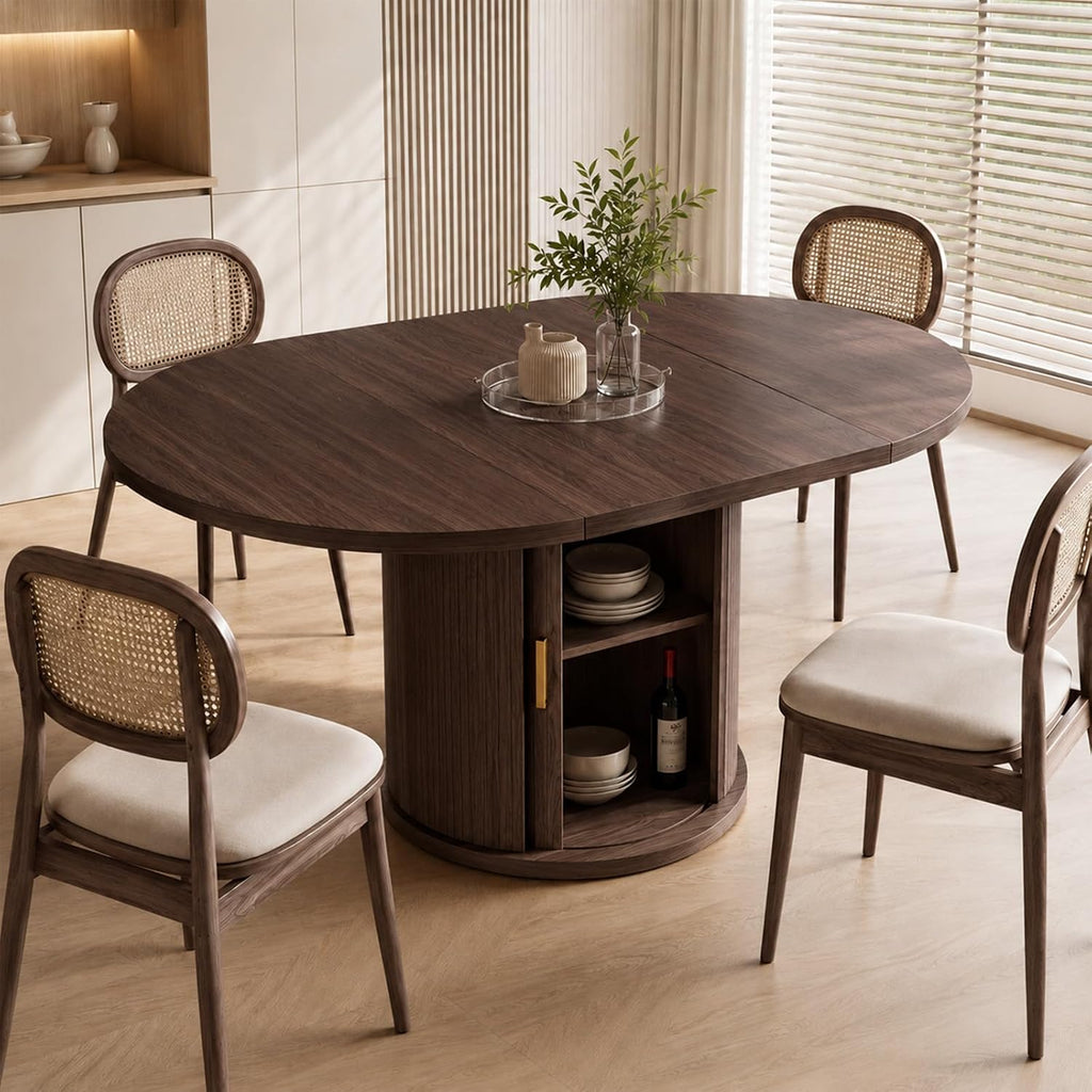 47 63" Extendable Round Wooden Dining Kitchen Table | 4-8 Seat Height Adjustable Shelf,23.6" Dust-Proof Storage Sturdy Pedestal Base,1.2" MDF Tabletop, Apartment,Natural