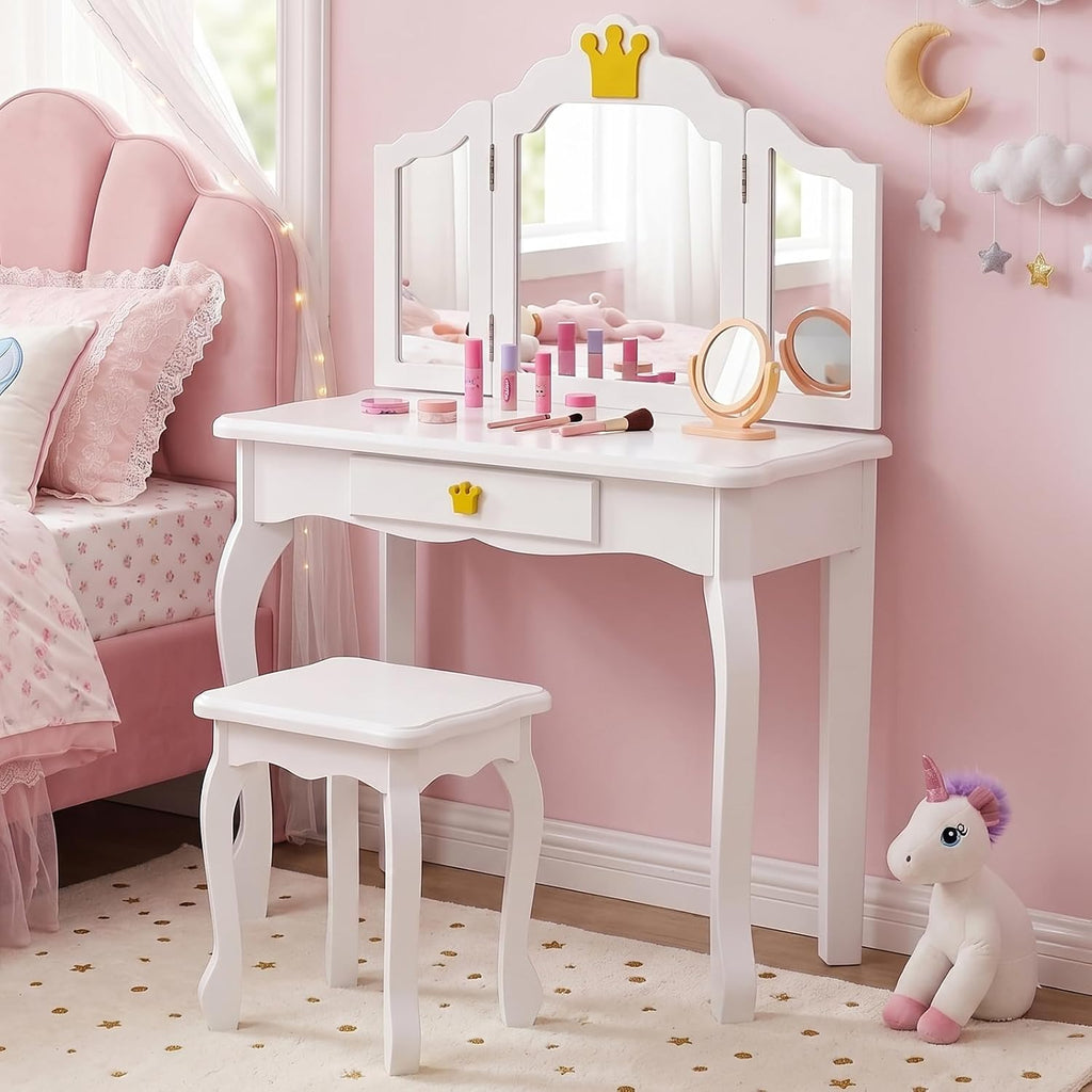 JOYMOR Kids Princess Vanity Table and Chair Set, Kids Vanity Set with Drawer & Tri-Folding Mirror, 2 in 1 Makeup Dressing Table with Detachable Top for Girls